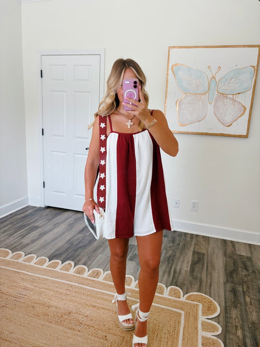 Striped Varsity Romper- Maroon and White