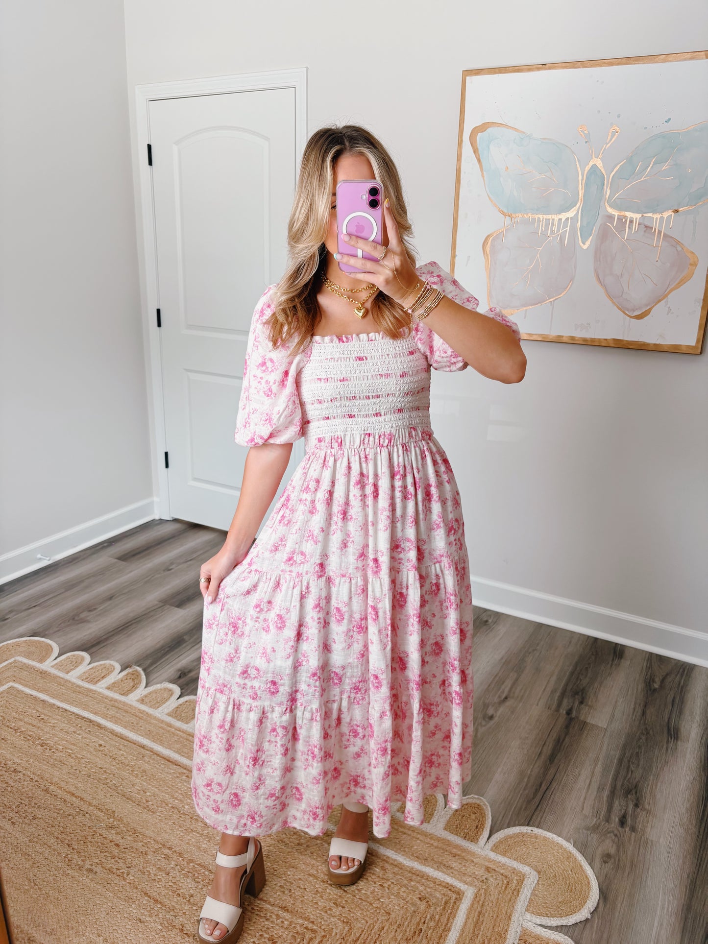 Smocked Lace Maxi Dress Pink