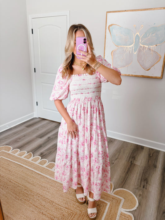 Smocked Lace Maxi Dress Pink