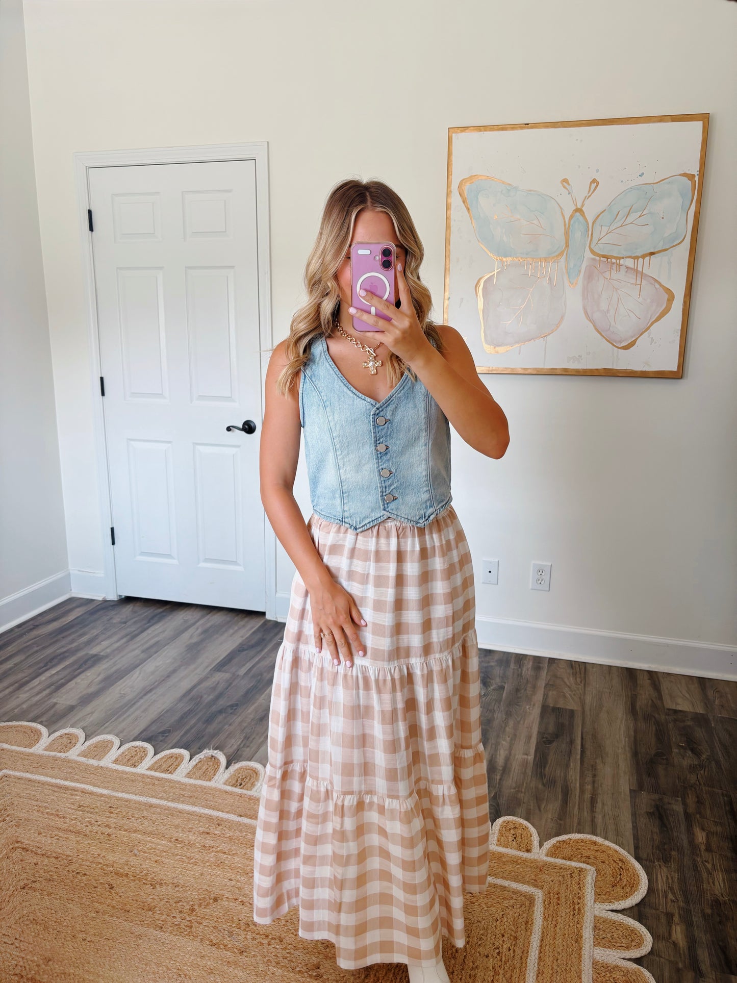 Taupe Gingham Maxi Skirt