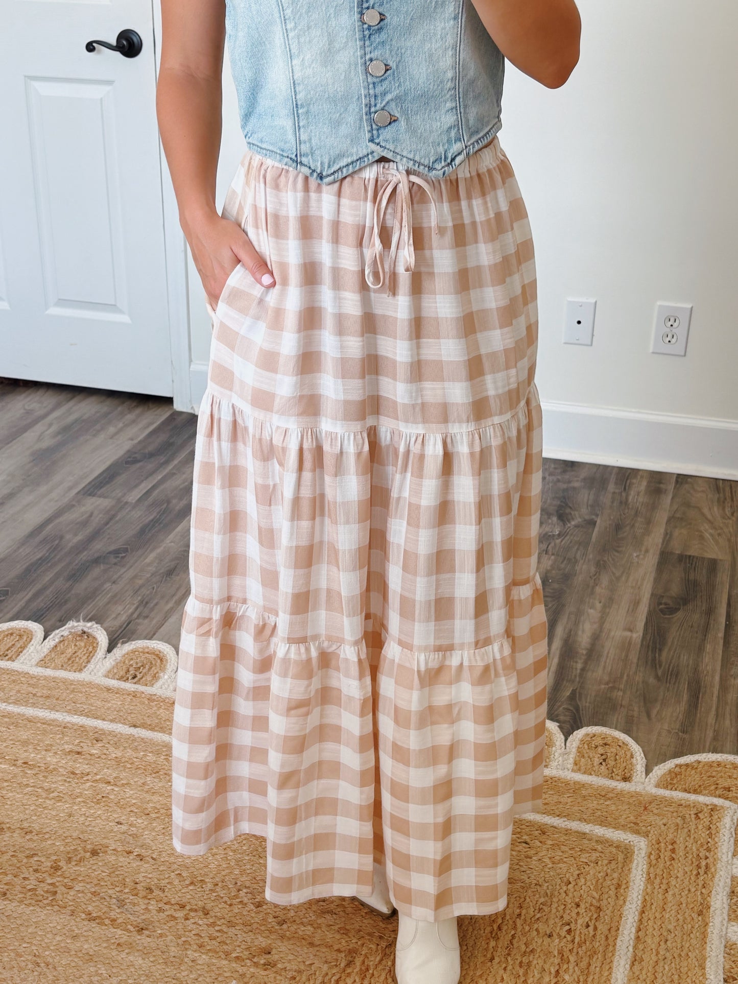 Taupe Gingham Maxi Skirt