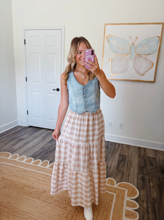 Taupe Gingham Maxi Skirt