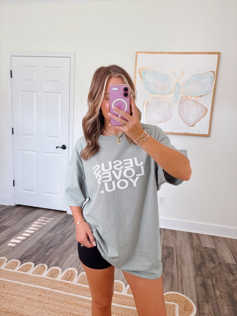 Jesus Loves You Tee in Sage