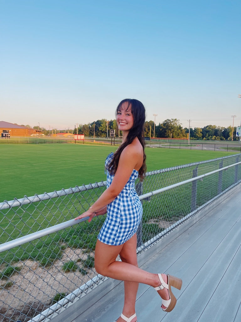 Gamedays In Gingham Mini Dress- Blue
