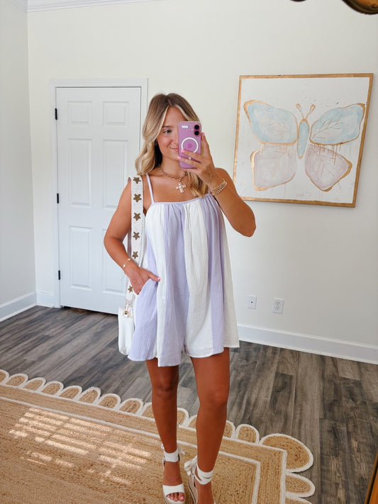 Striped Varsity Romper- Purple and White