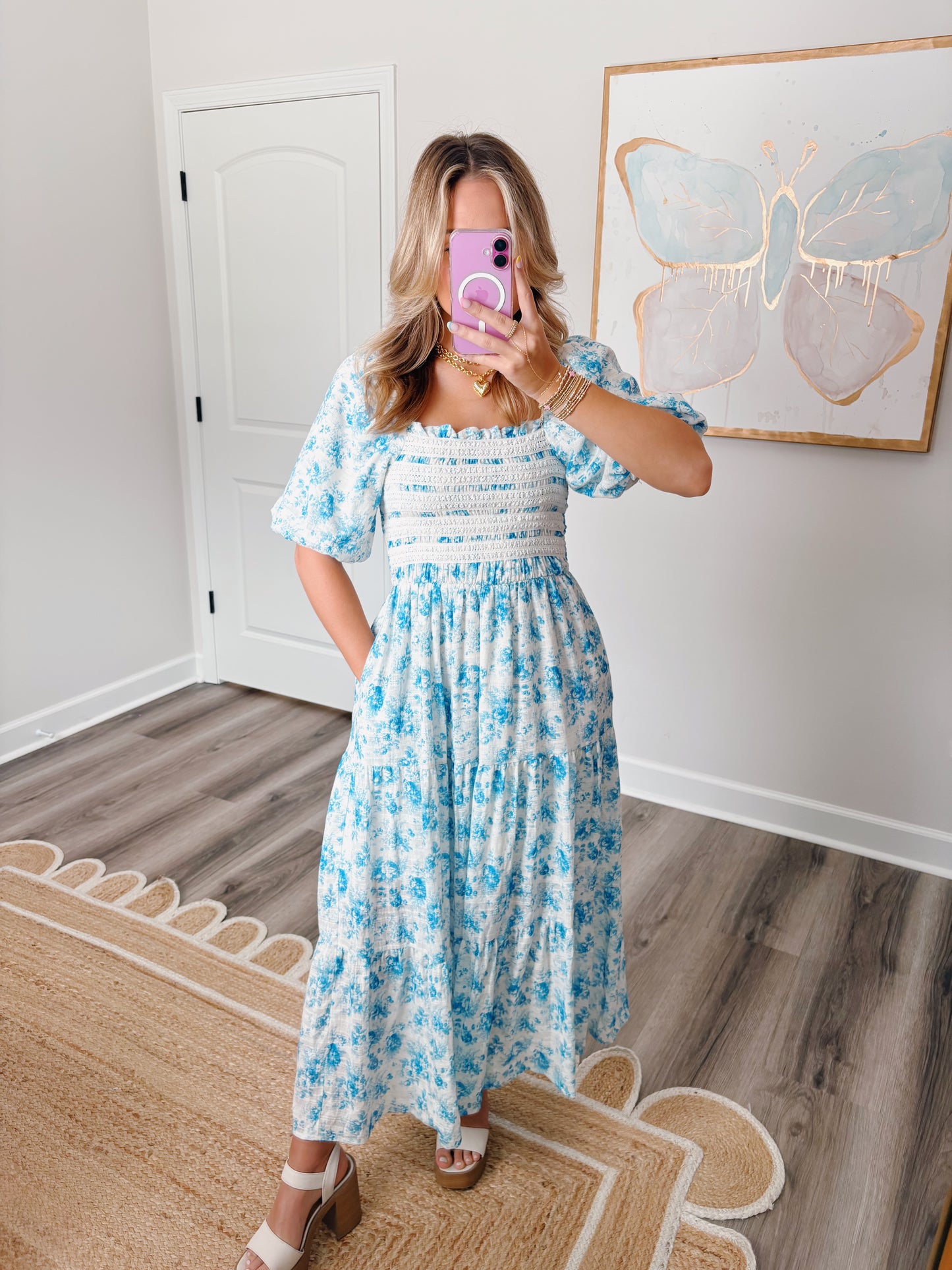 Smocked Lace Maxi Dress Blue