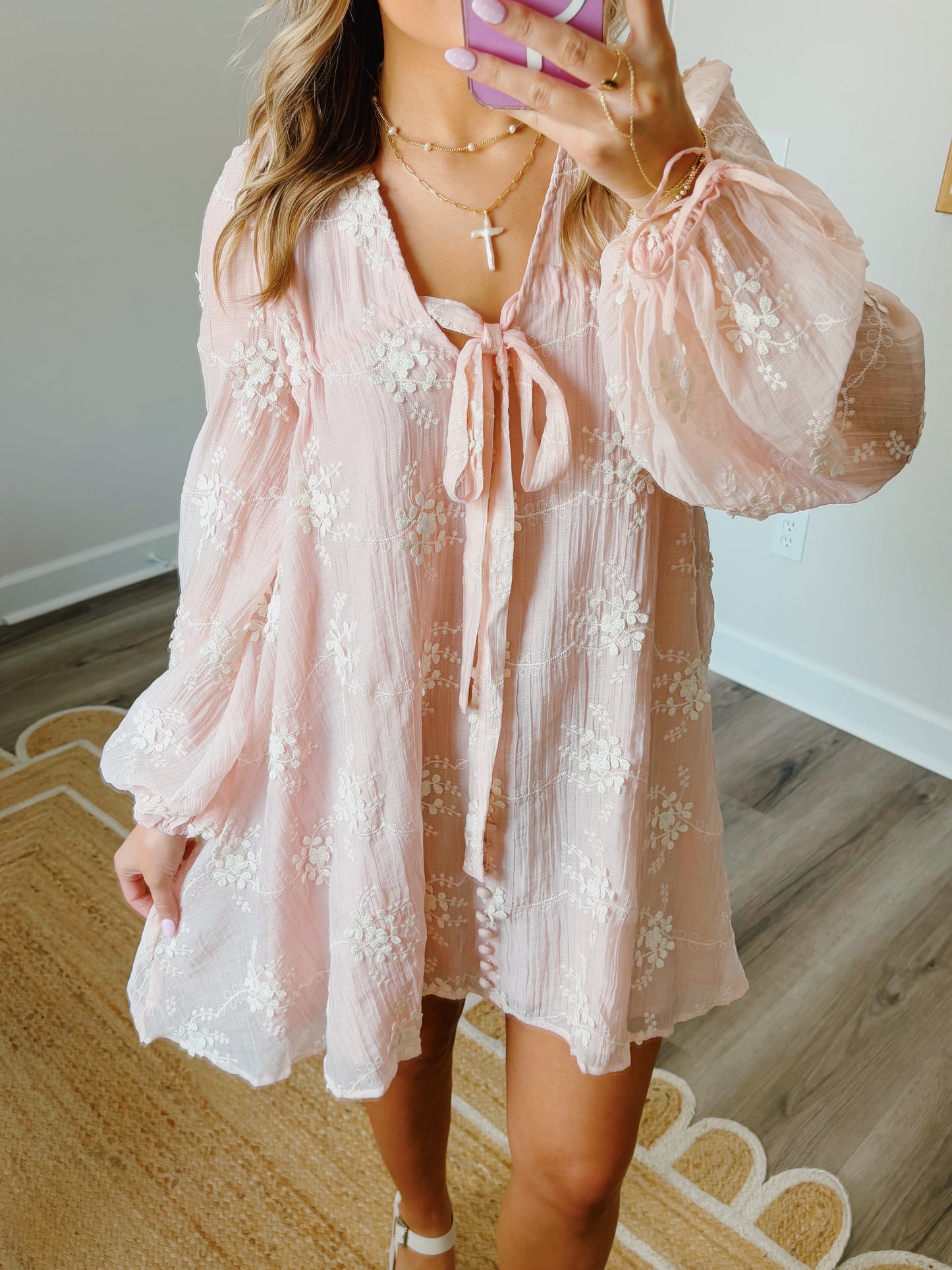 Pale Pink Embroidered Mini Dress
