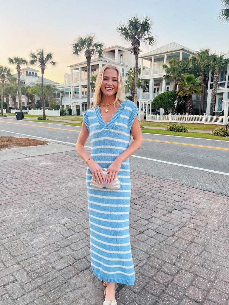 Beachside Striped Maxi Dress Blue