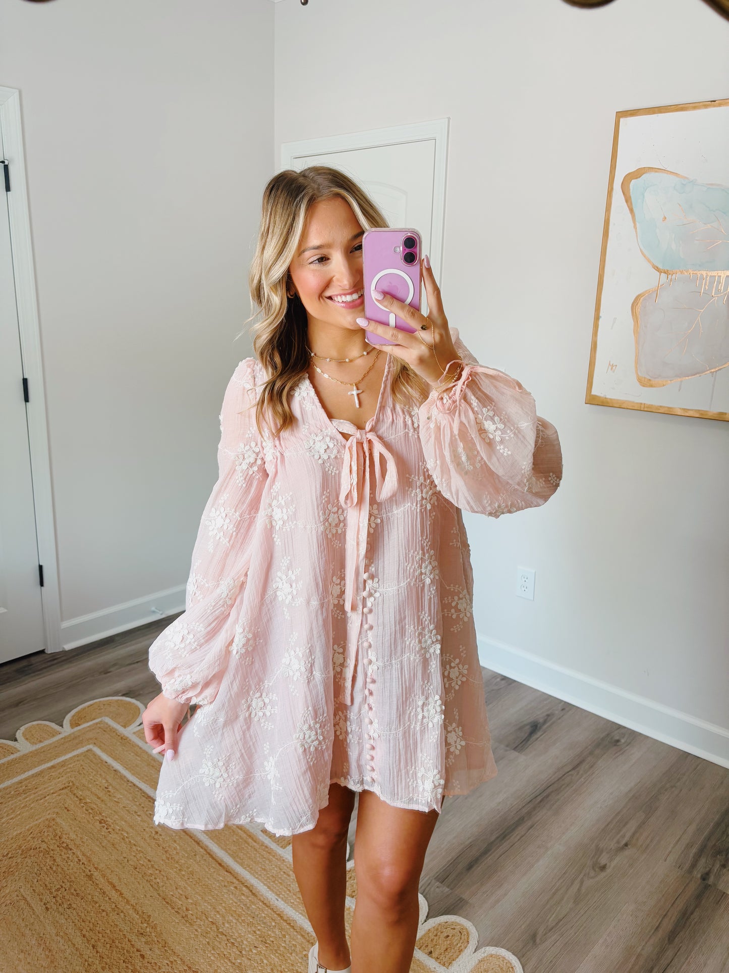 Pale Pink Embroidered Mini Dress