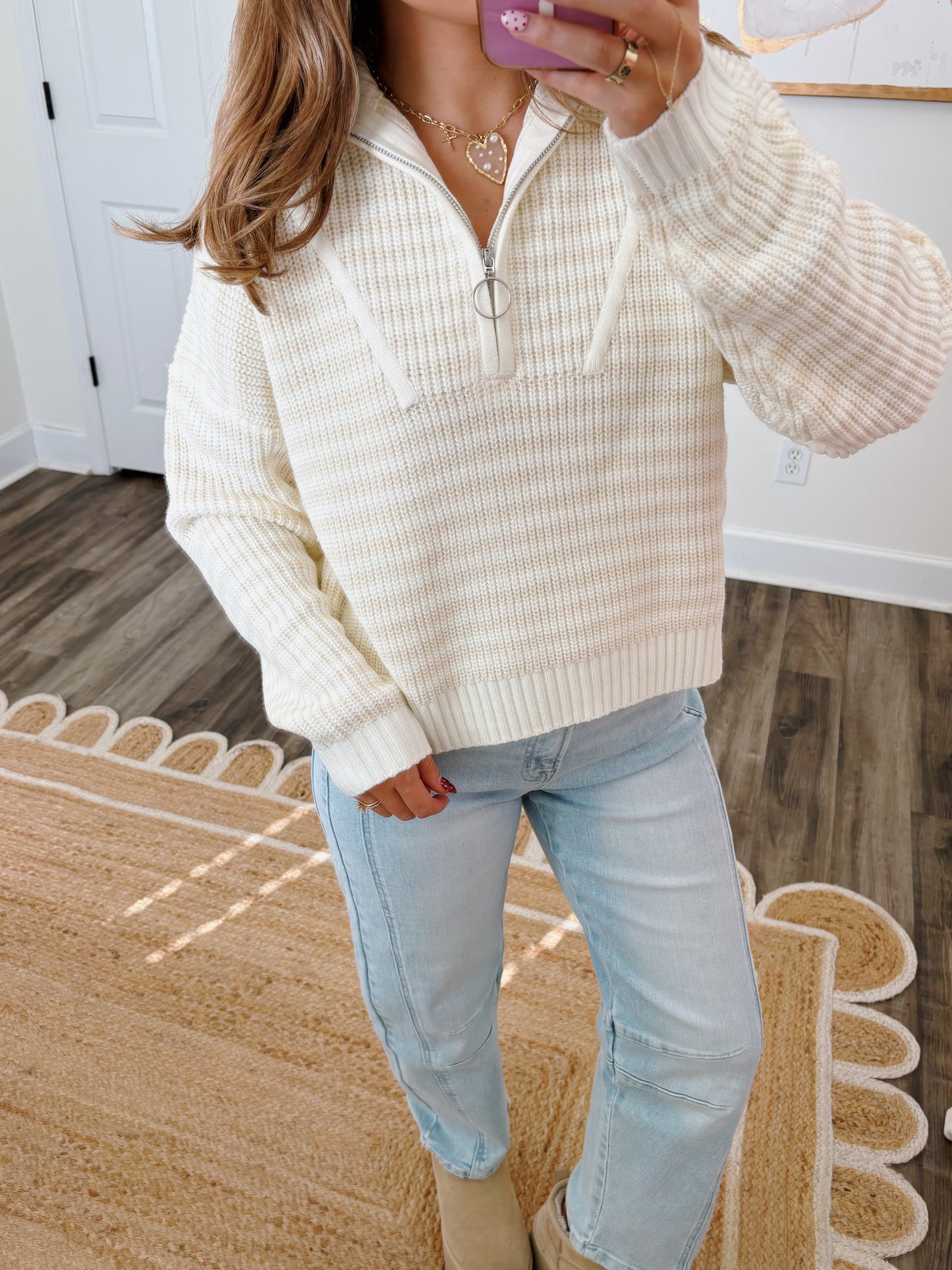 Cream Striped Half-Zip Pullover