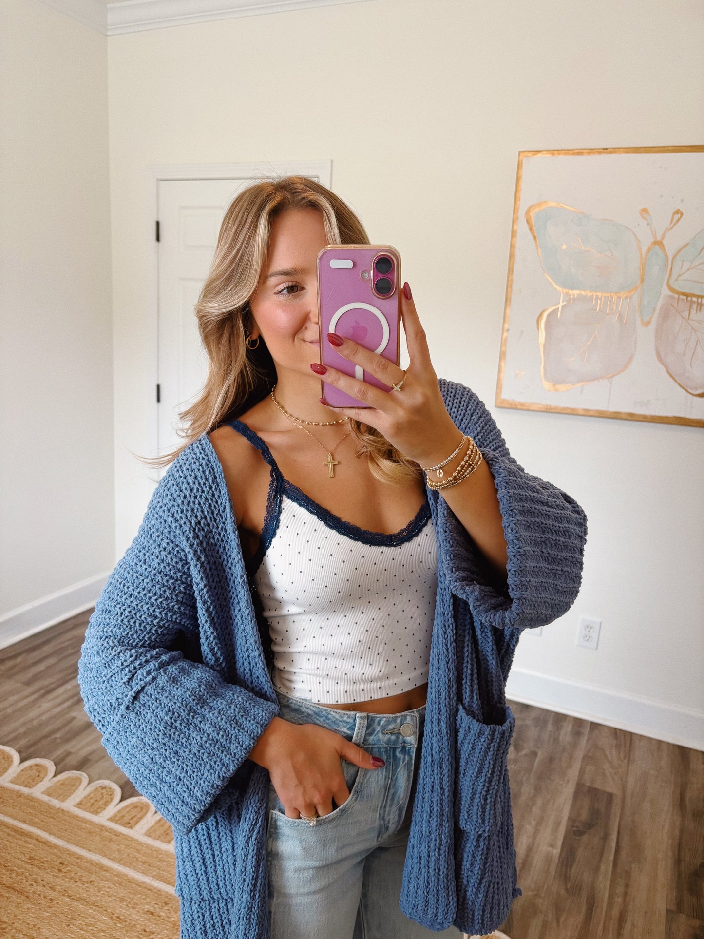 Navy Polka Dot Lace Trim Cami