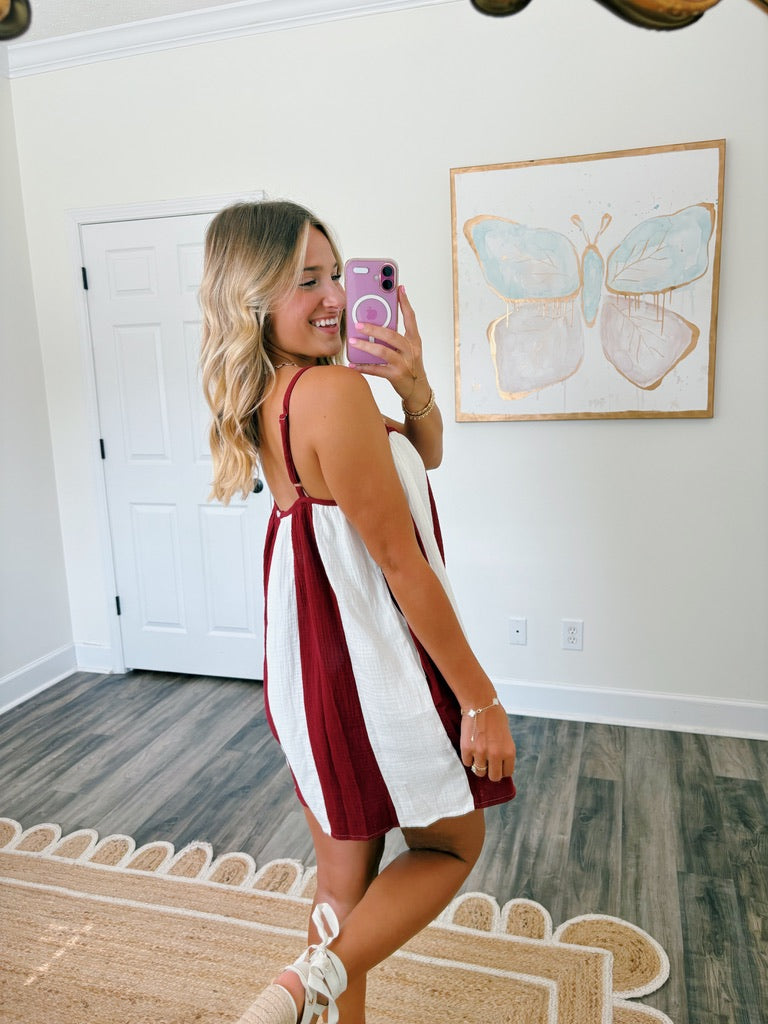 Striped Varsity Romper- Maroon and White