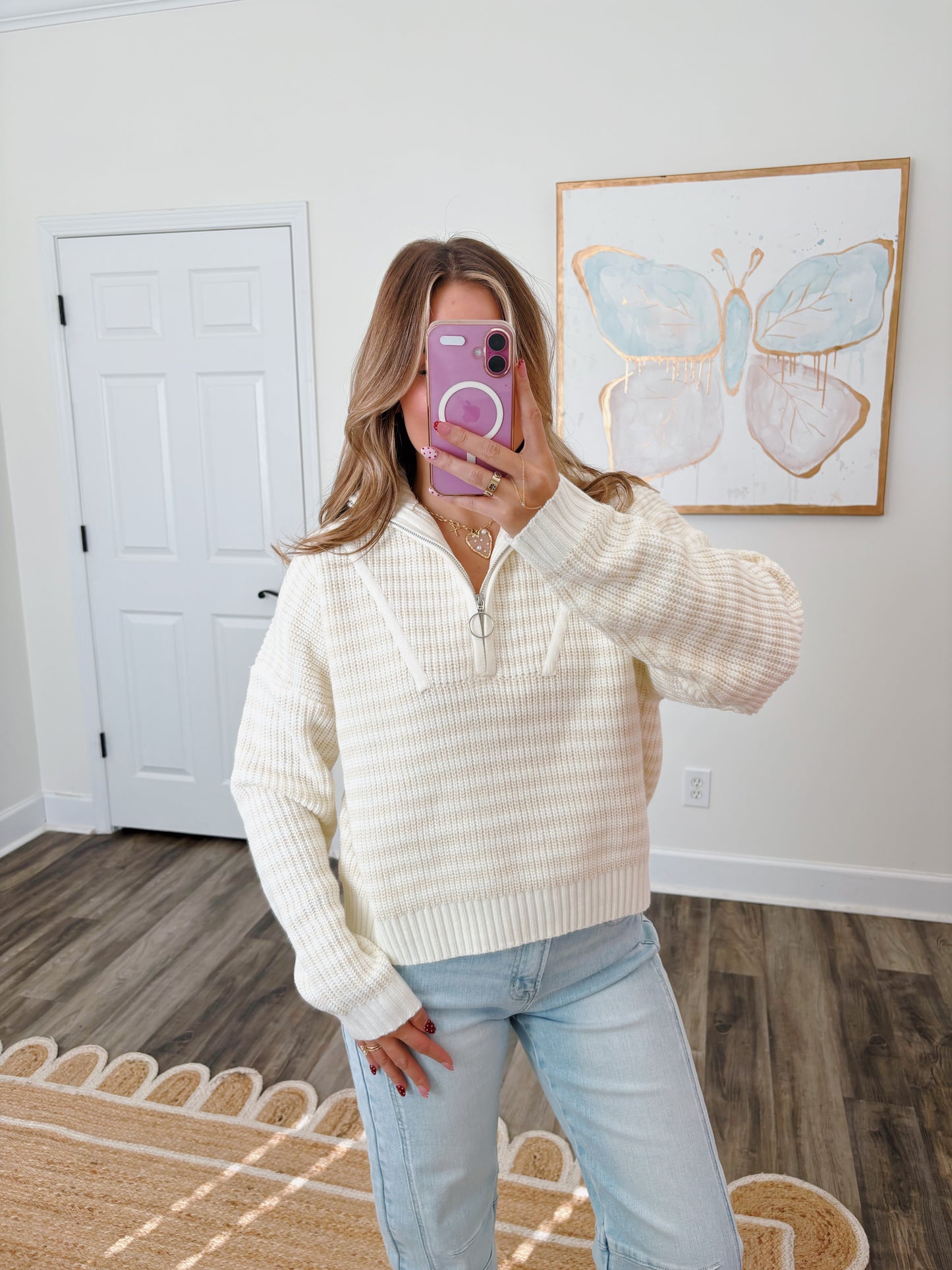 Cream Striped Half-Zip Pullover