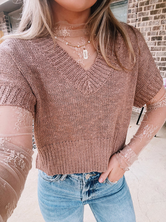 Lacy Long Sleeve Top in Taupe