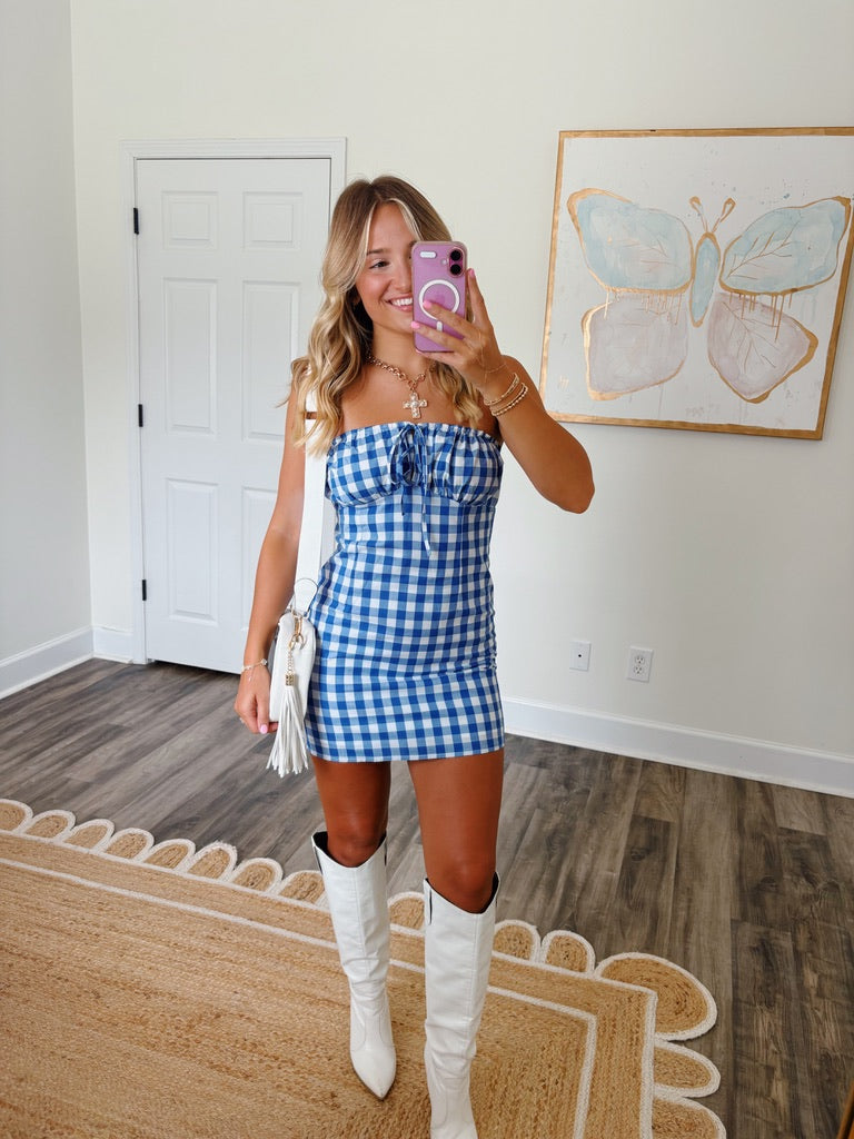 Gamedays In Gingham Mini Dress- Blue