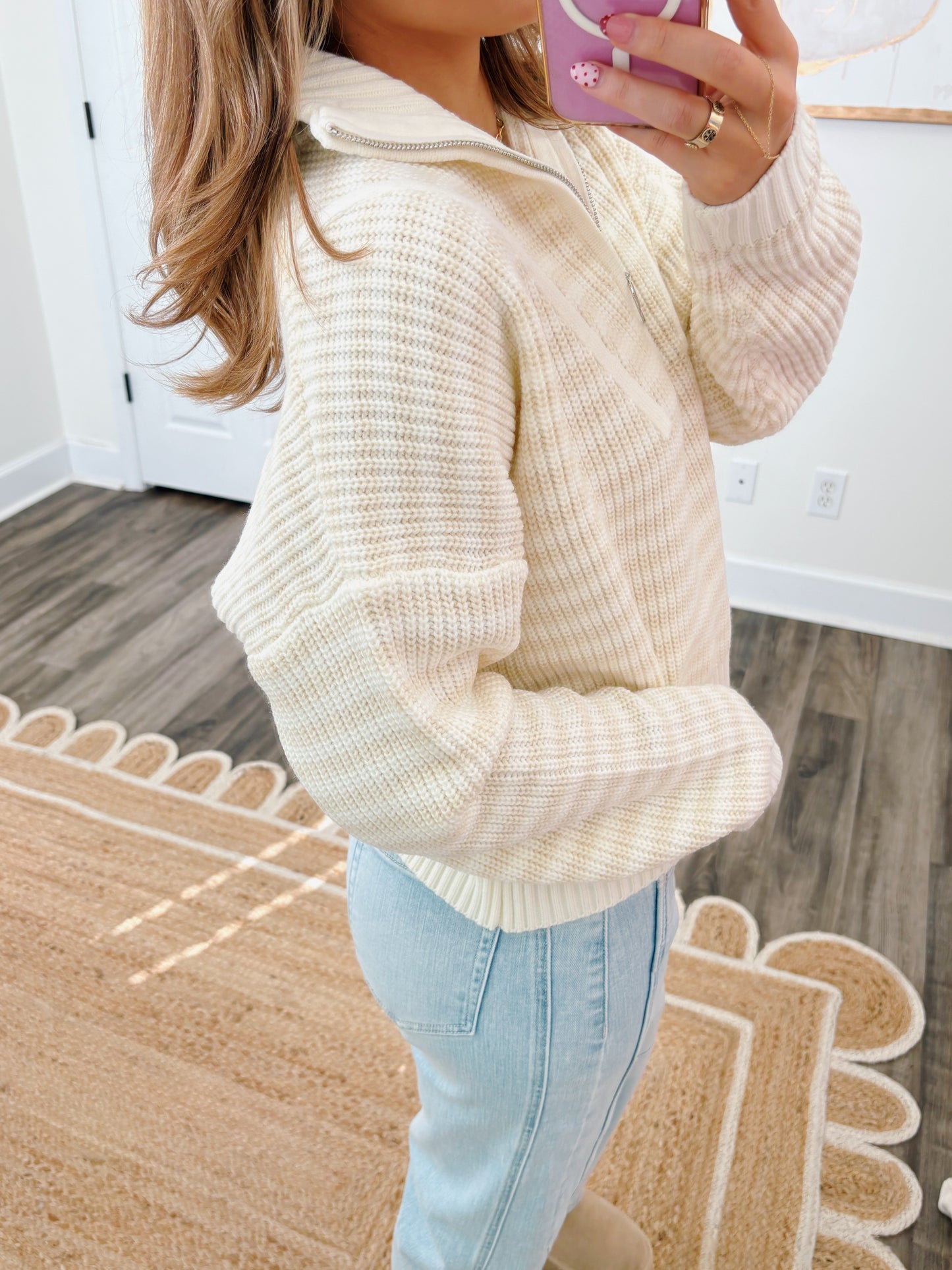 Cream Striped Half-Zip Pullover