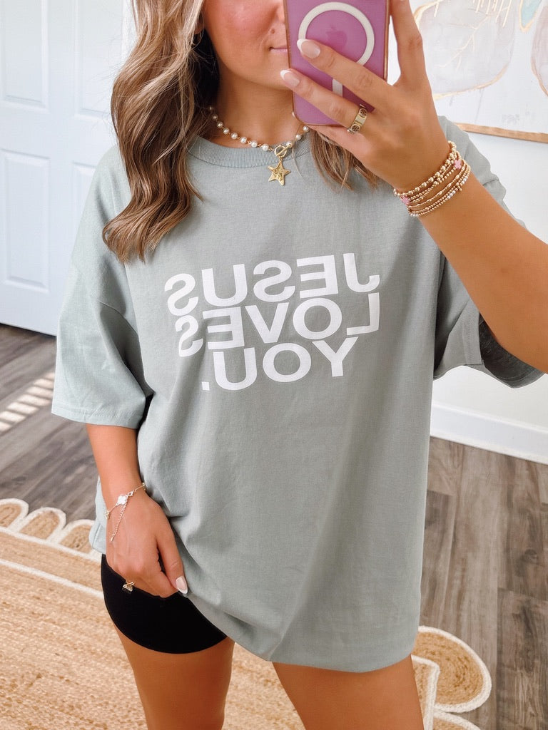 Jesus Loves You Tee in Sage
