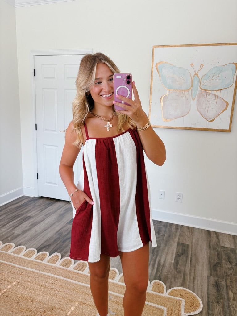 Striped Varsity Romper- Maroon and White