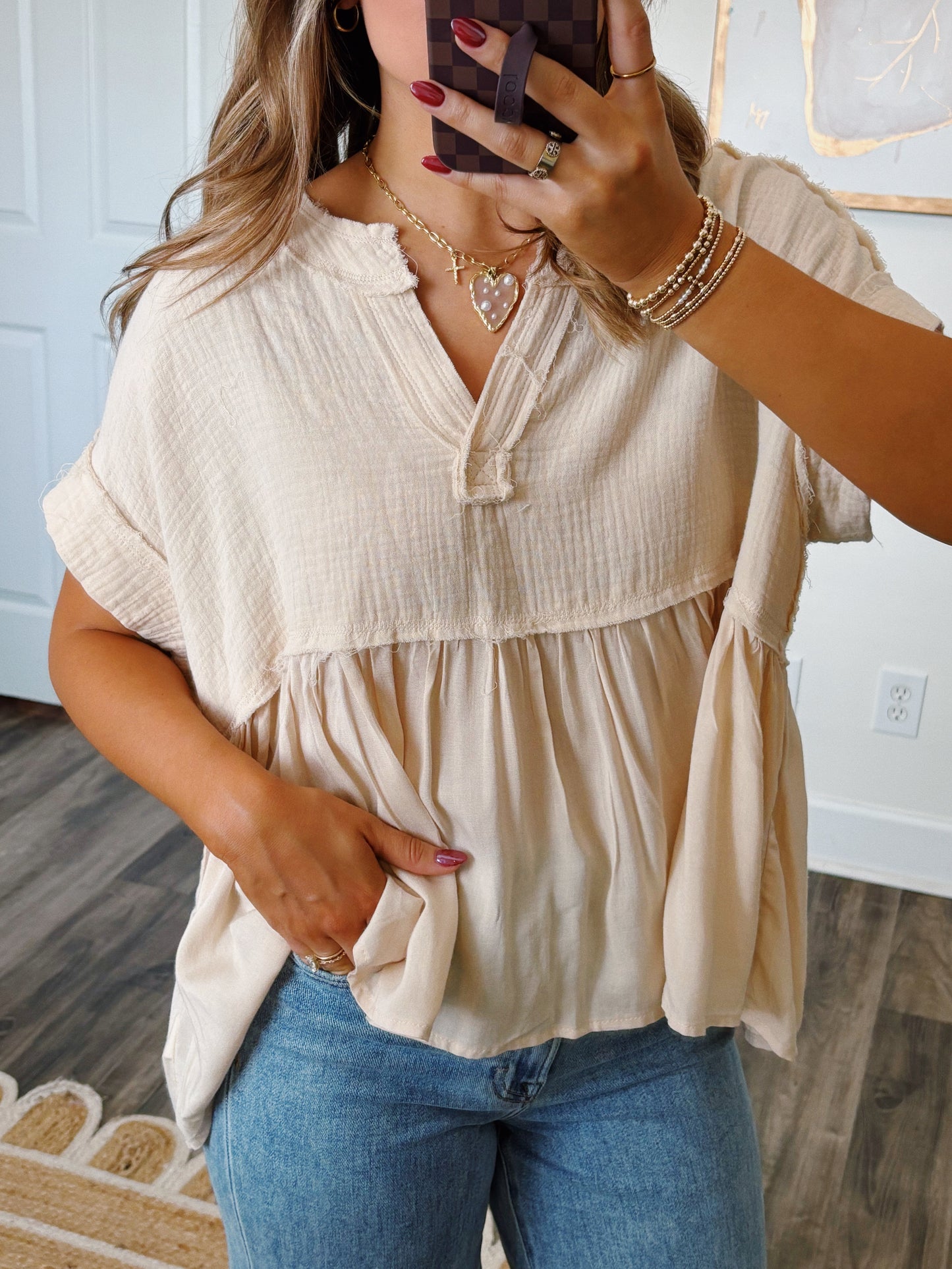 Cream Gauze Flowy Top
