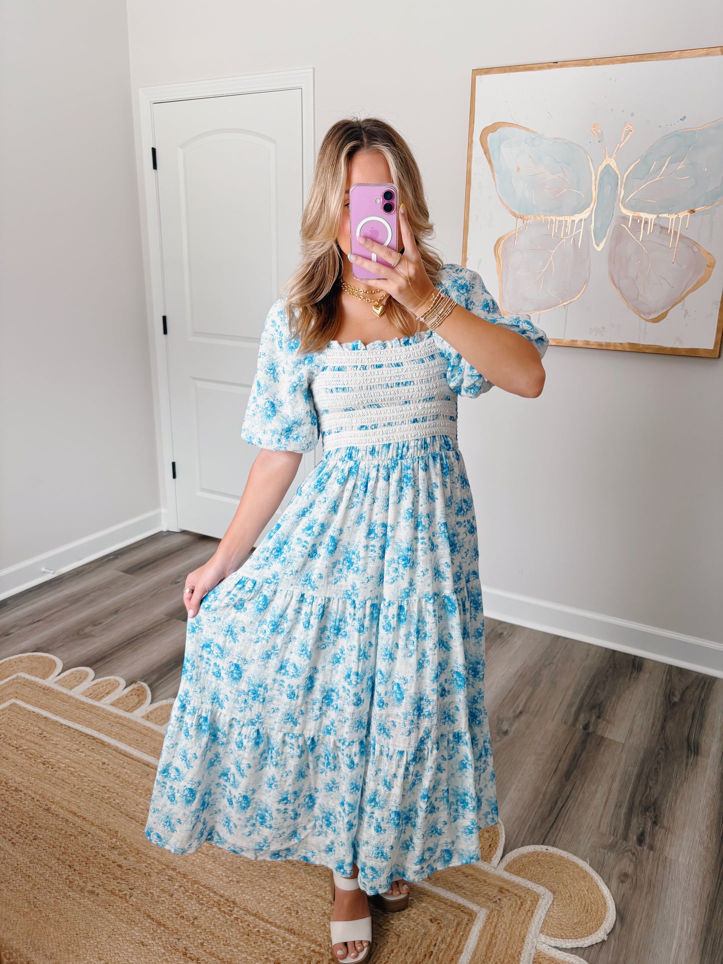 Smocked Lace Maxi Dress Blue