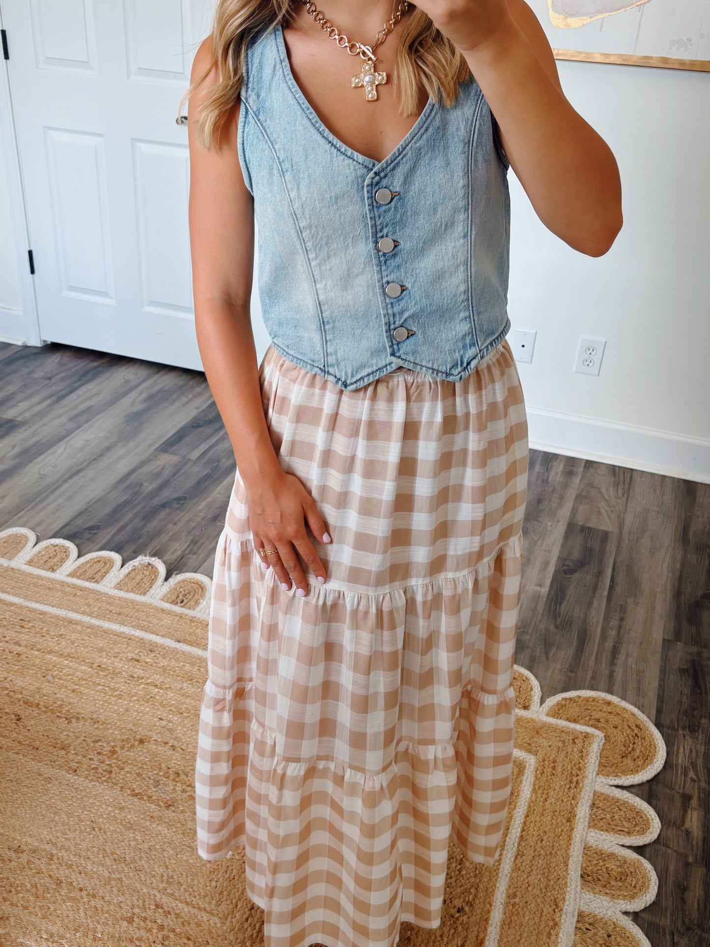 Taupe Gingham Maxi Skirt
