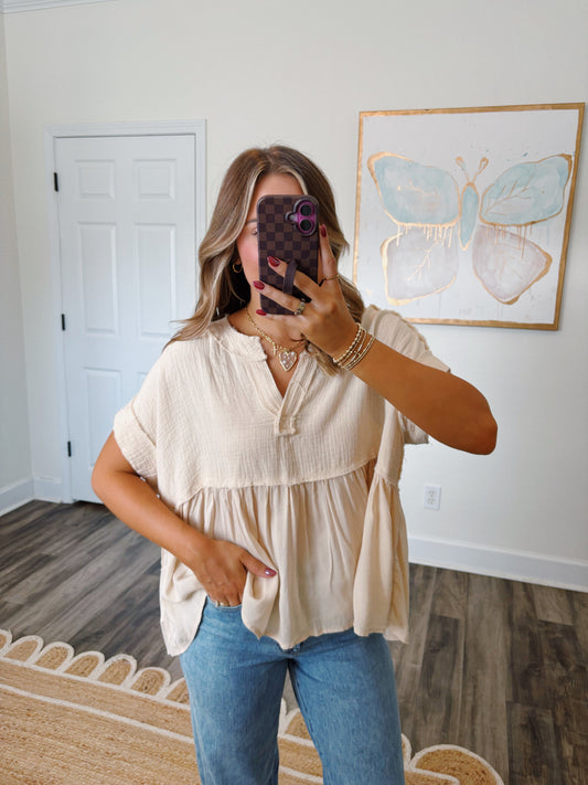 Cream Gauze Flowy Top