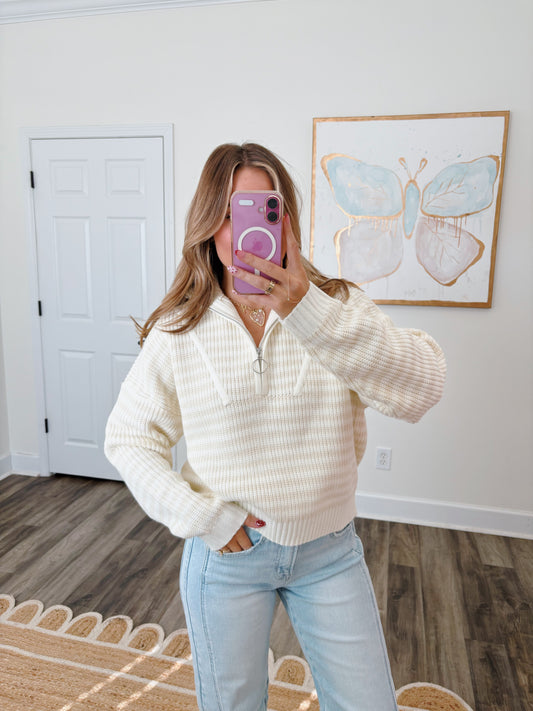 Cream Striped Half-Zip Pullover