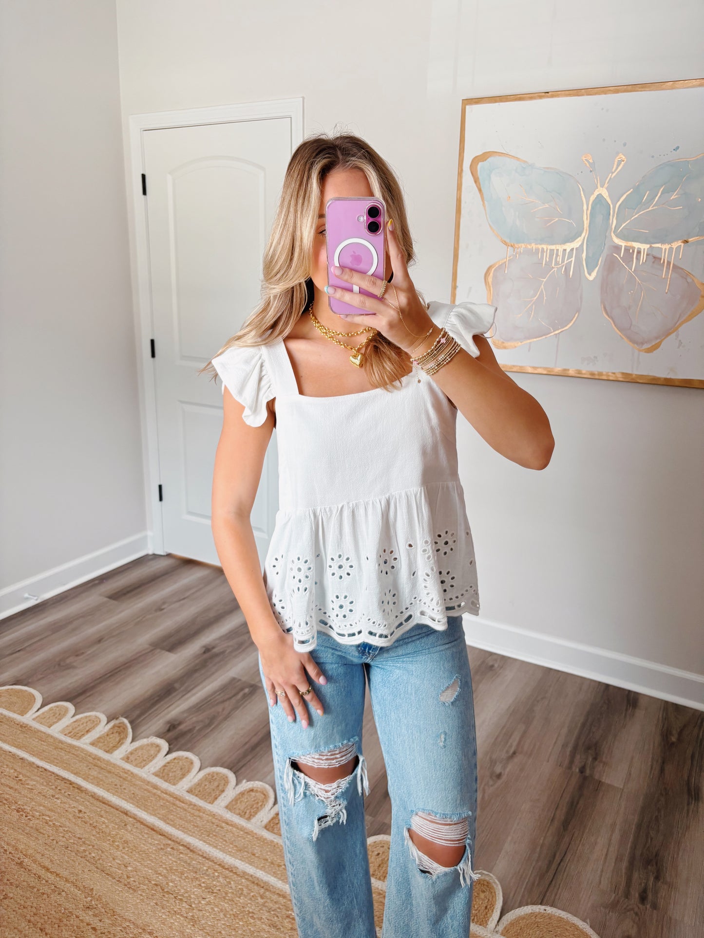 White Eyelet Ruffle Top