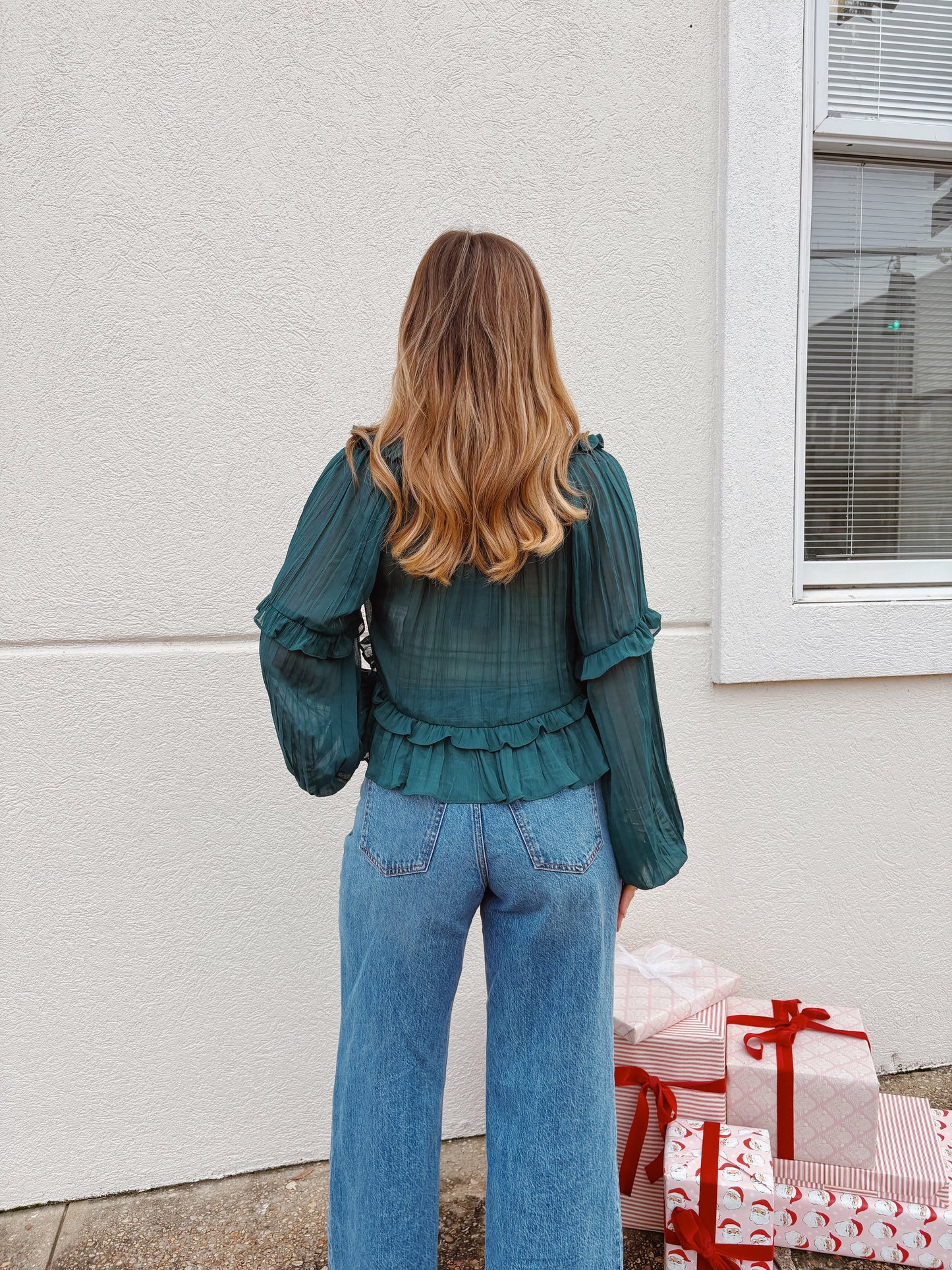 Dark Green Sheer Ruffle Blouse