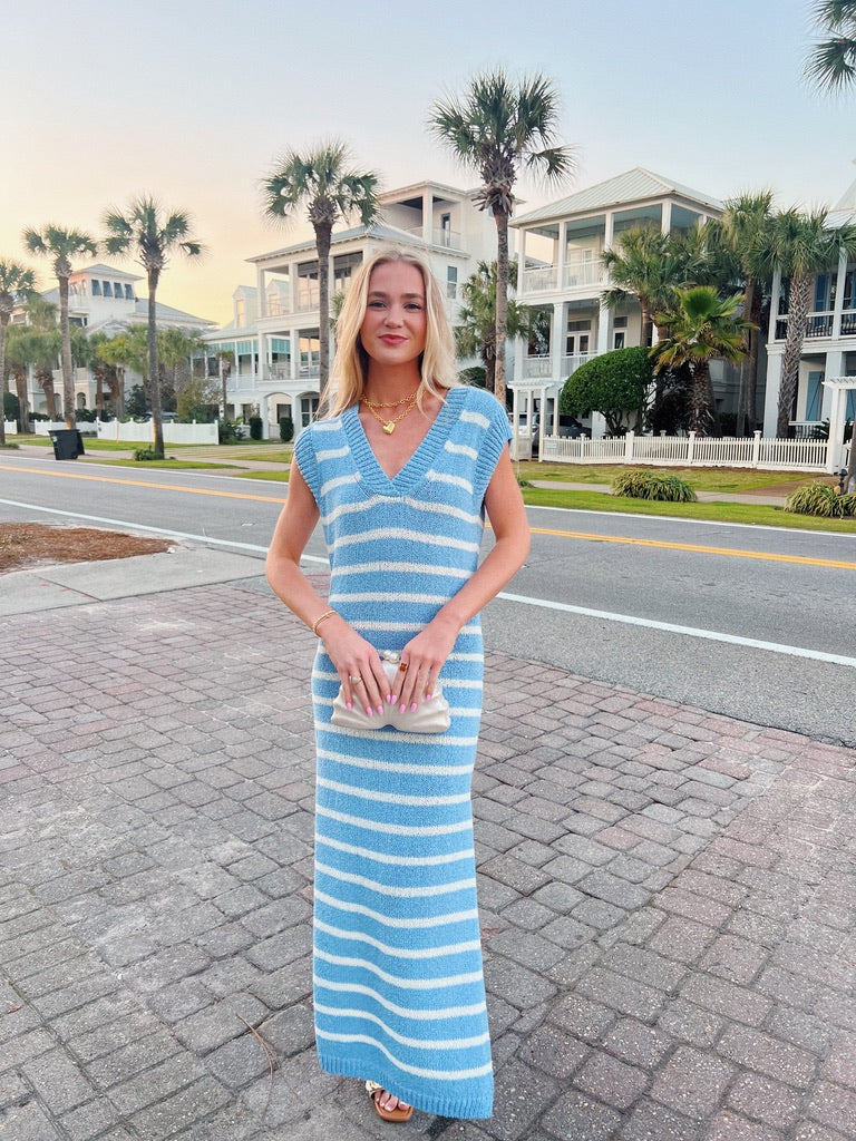 Beachside Striped Maxi Dress Blue