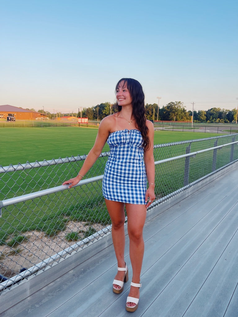 Gamedays In Gingham Mini Dress- Blue