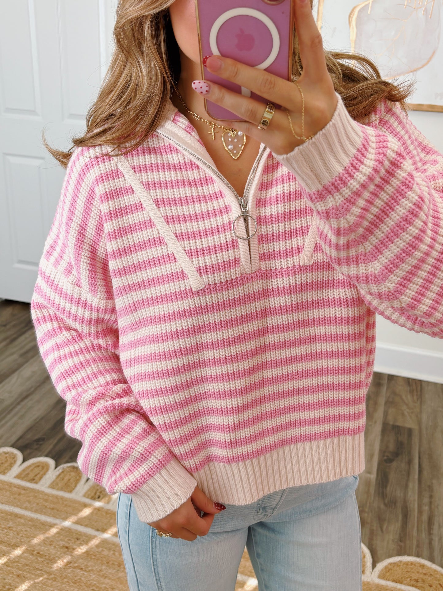 Pink Striped Half-Zip Pullover