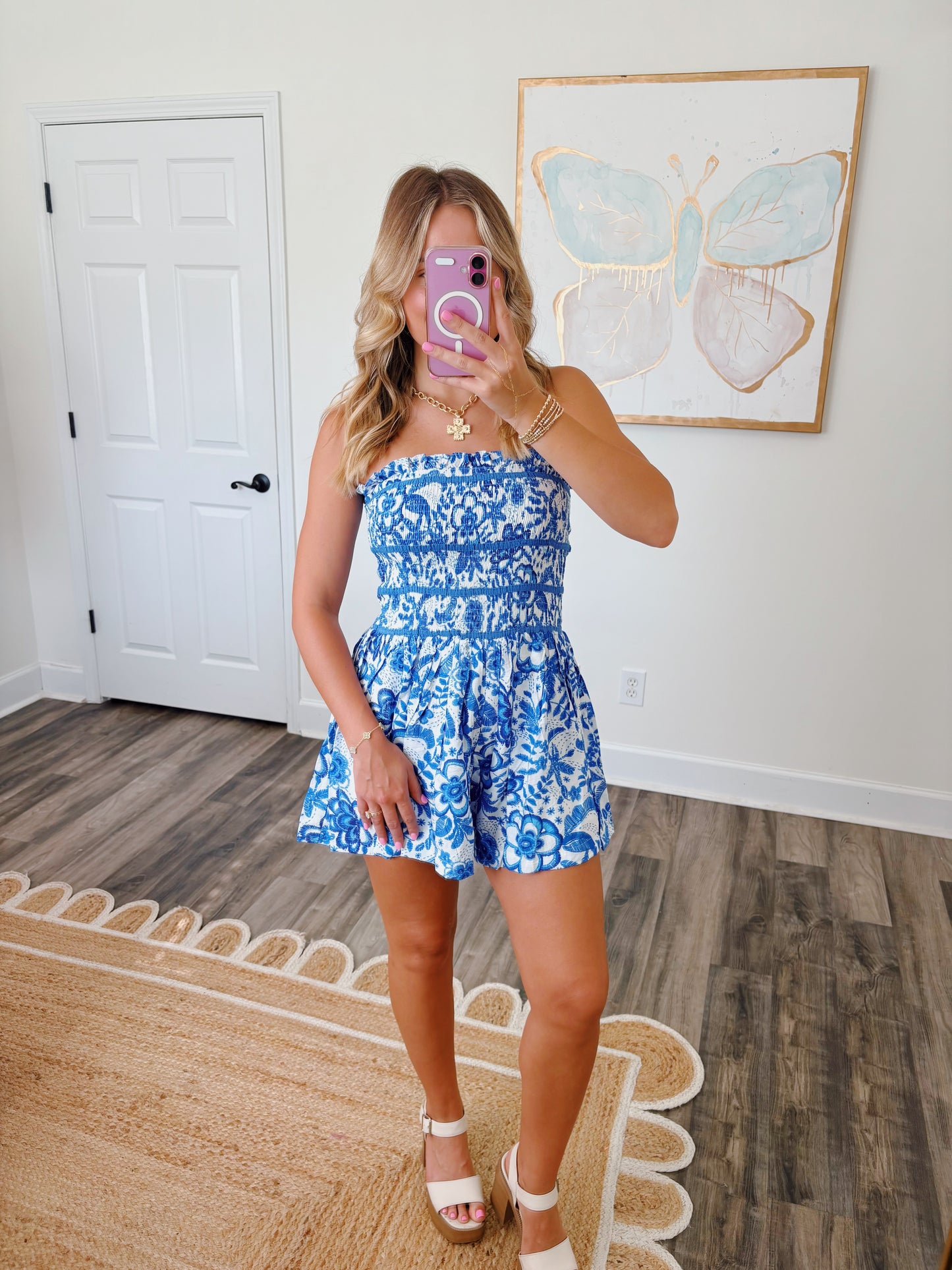 Blue Floral Strapless Romper