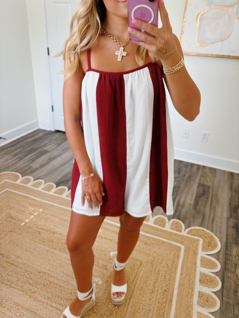 Striped Varsity Romper- Maroon and White