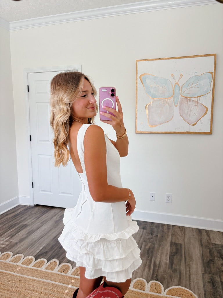 White Flutter Denim Dress