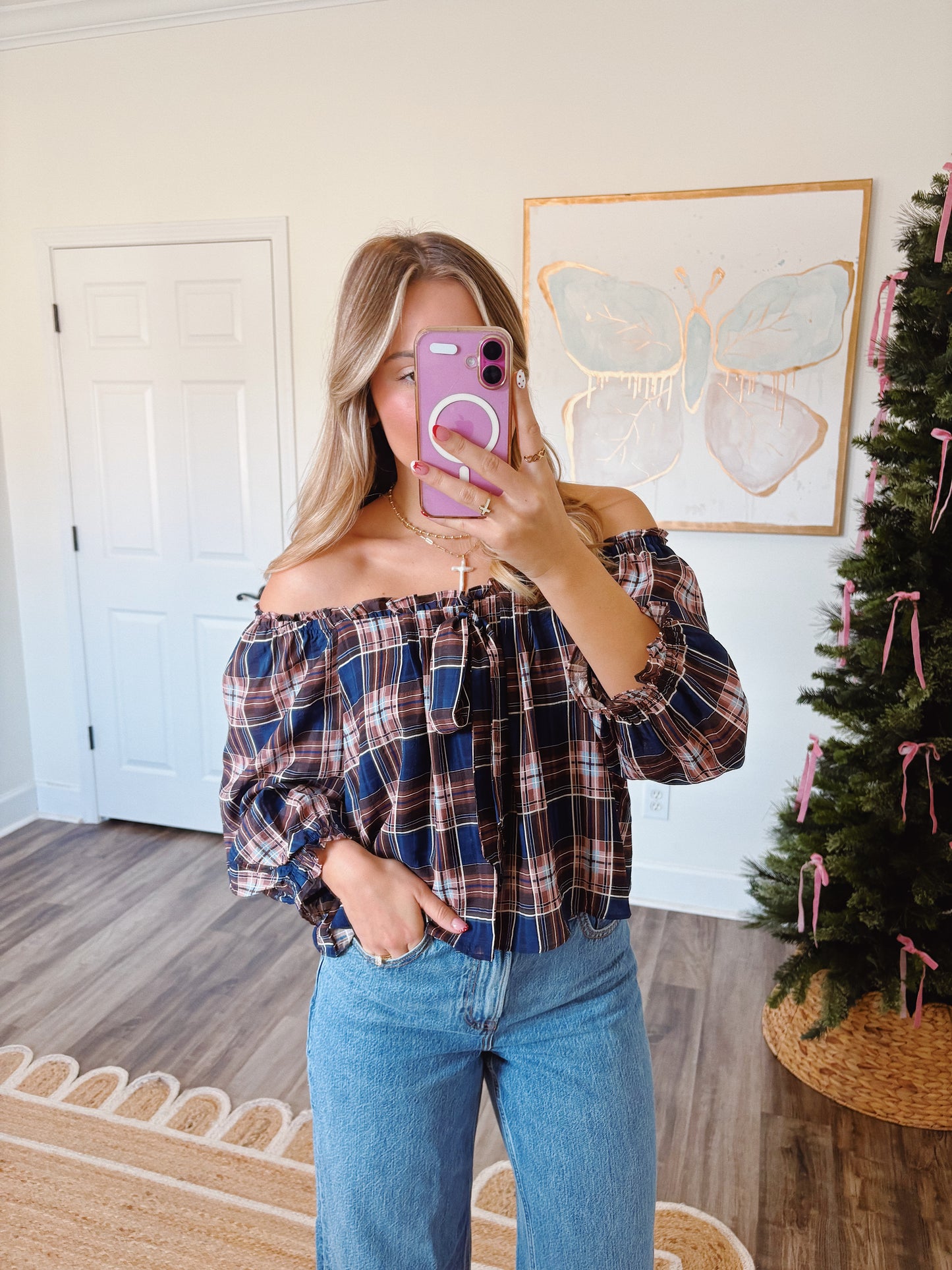 Navy and Brown Plaid Top