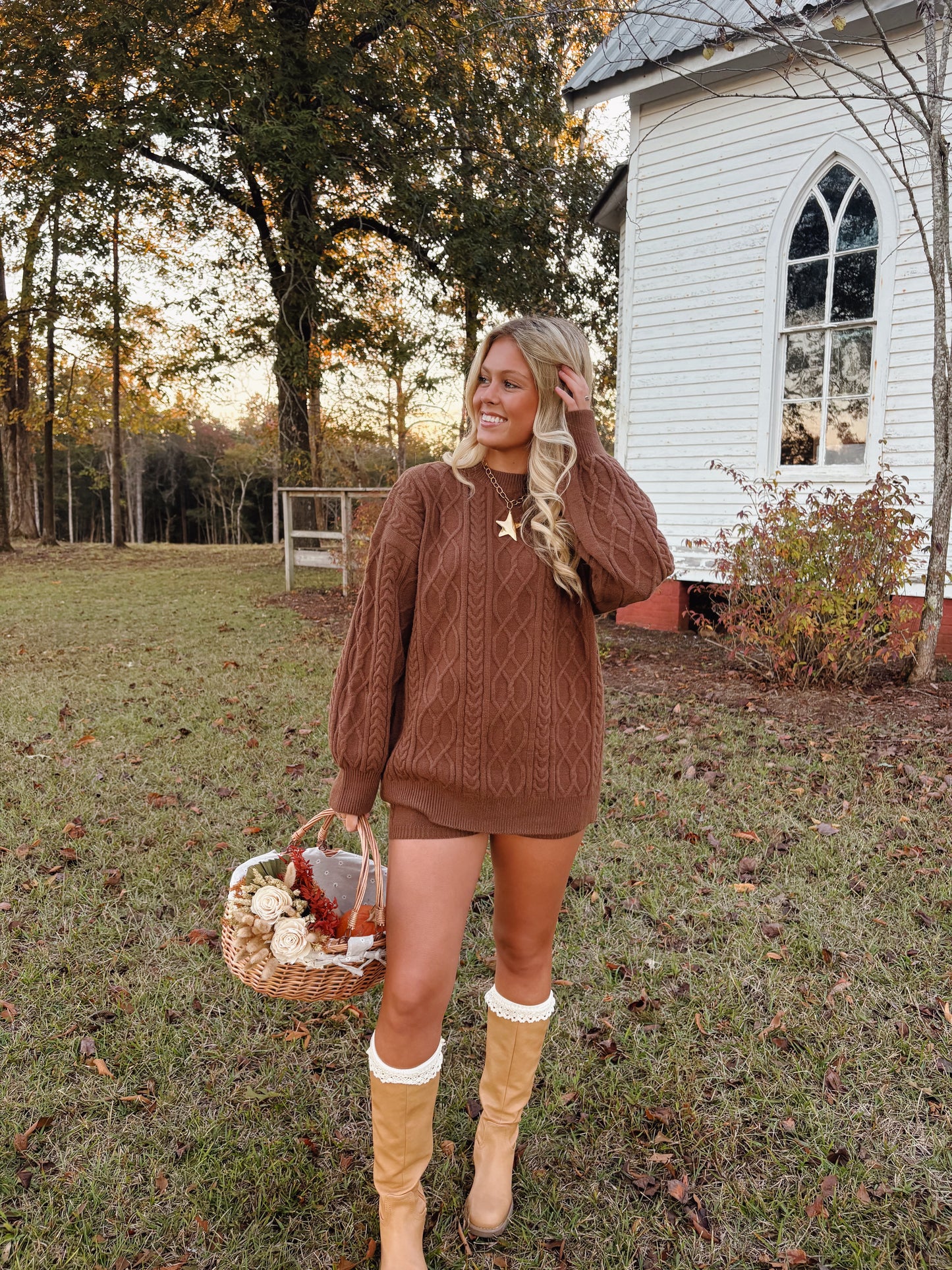Cable Knit Sweater and Shorts Set in Cappuccino