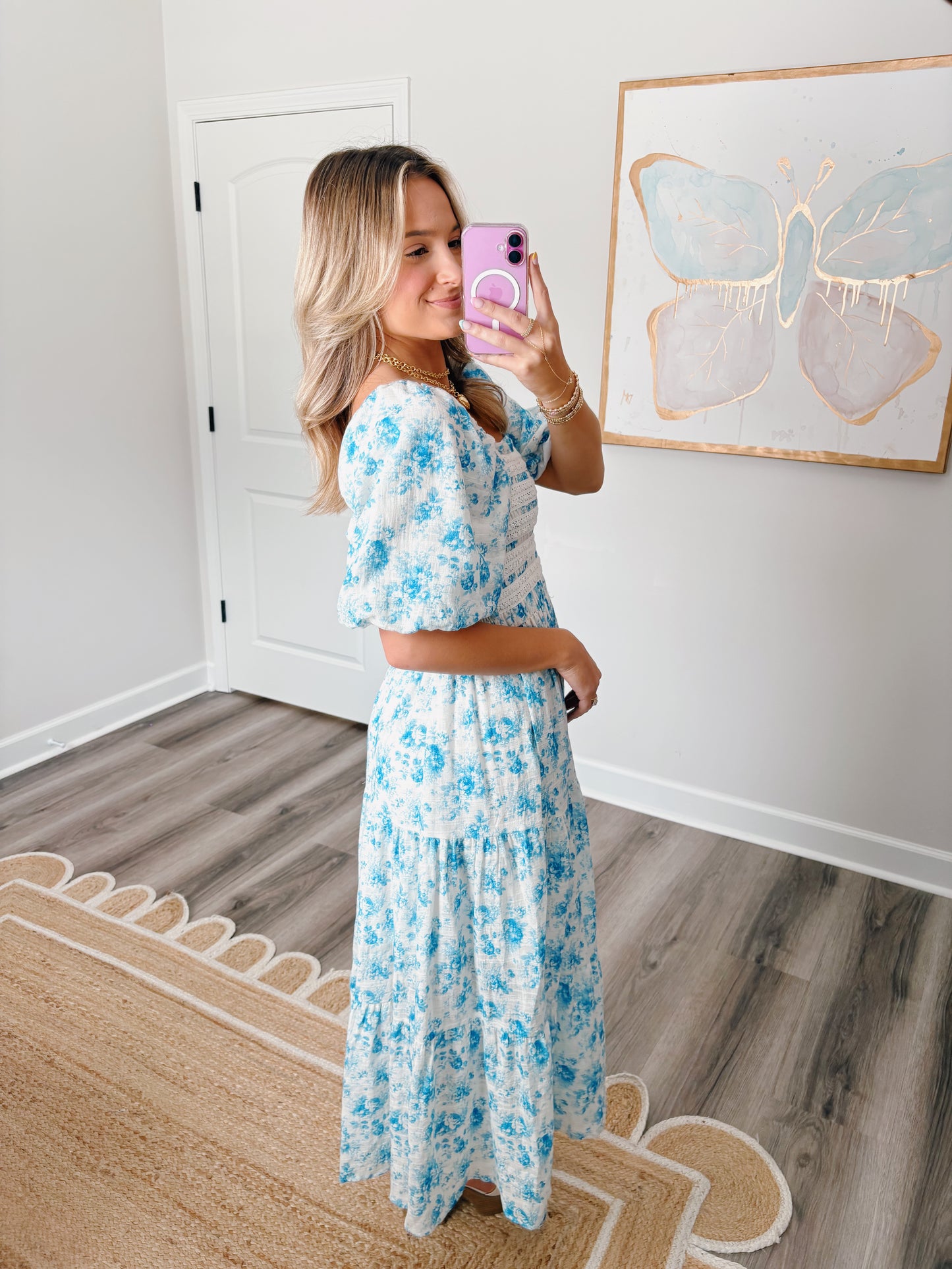 Smocked Lace Maxi Dress Blue