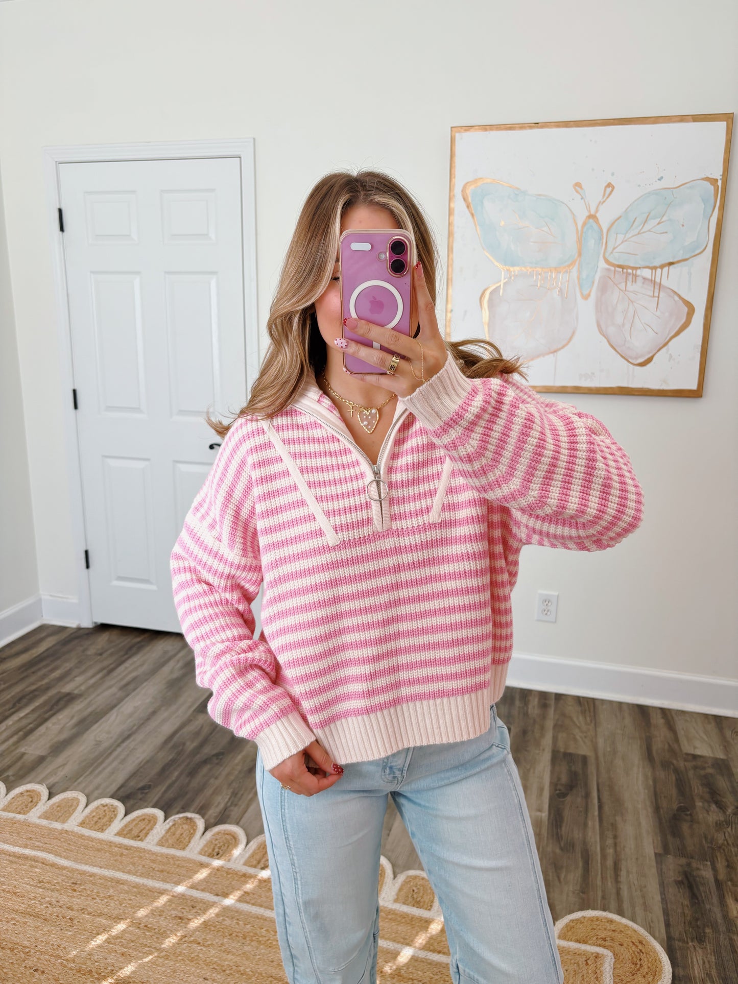 Pink Striped Half-Zip Pullover