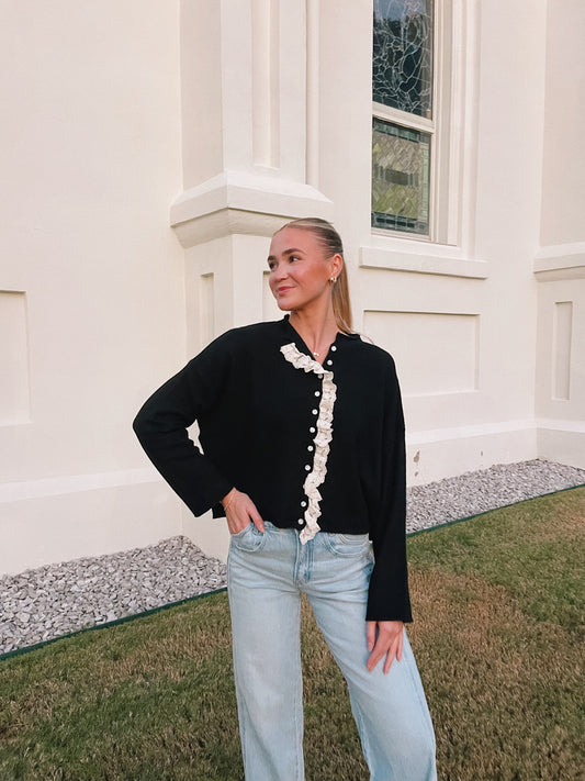 Lace Trim Black Cardigan