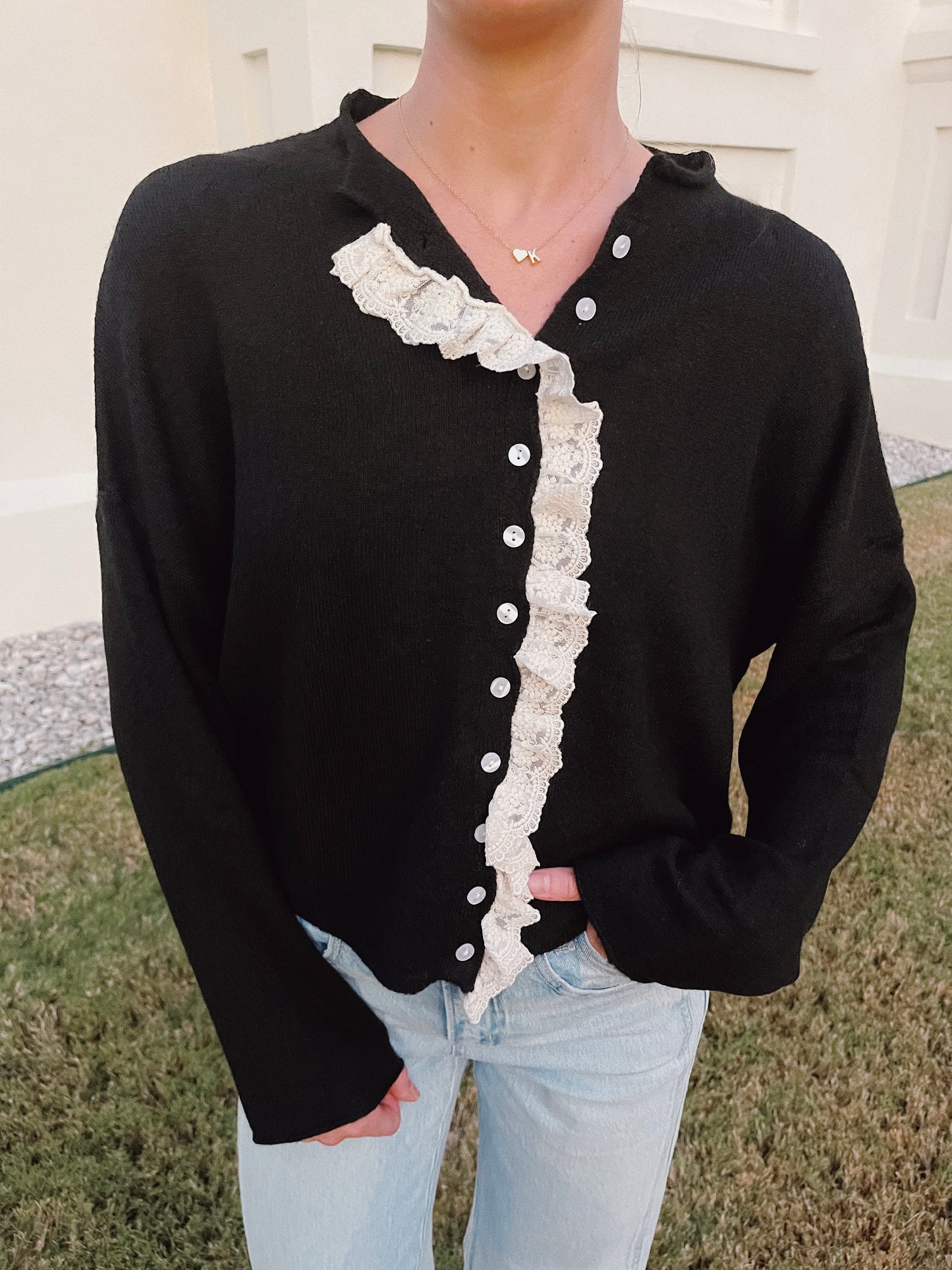 Lace Trim Black Cardigan