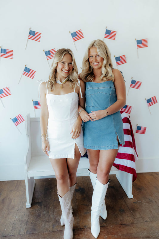 Backroads Denim Romper Dress in White