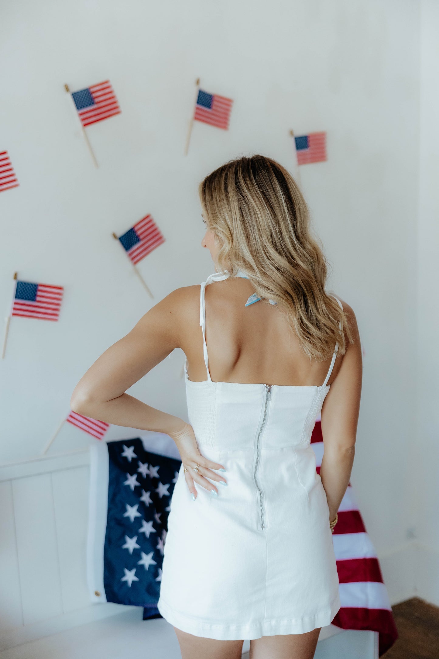Backroads Denim Romper Dress in White