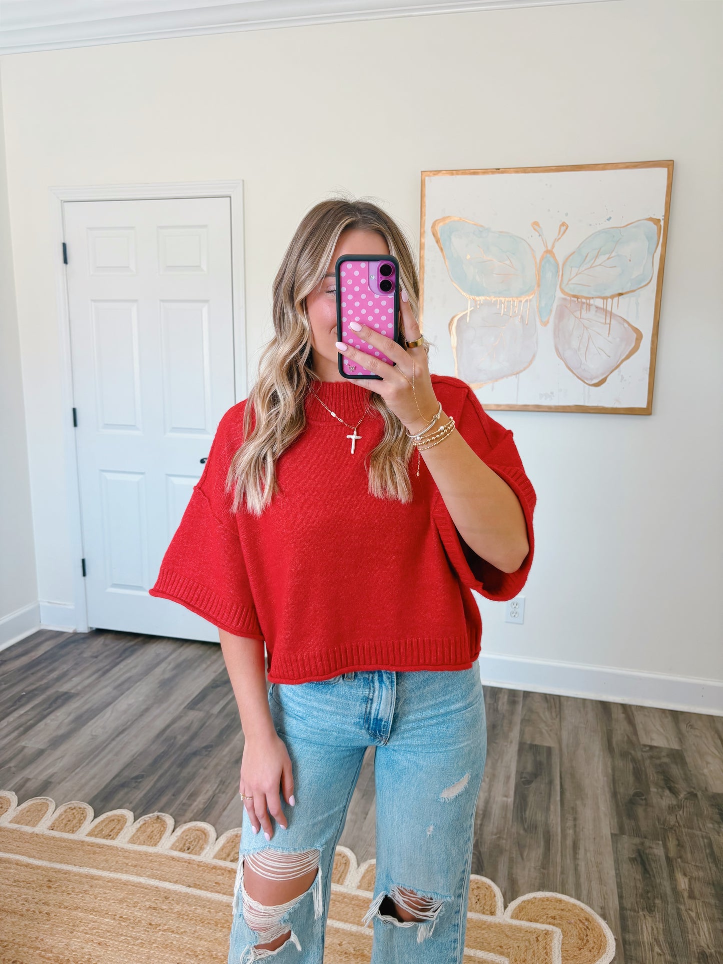 Red Mock Neck Sweater Top