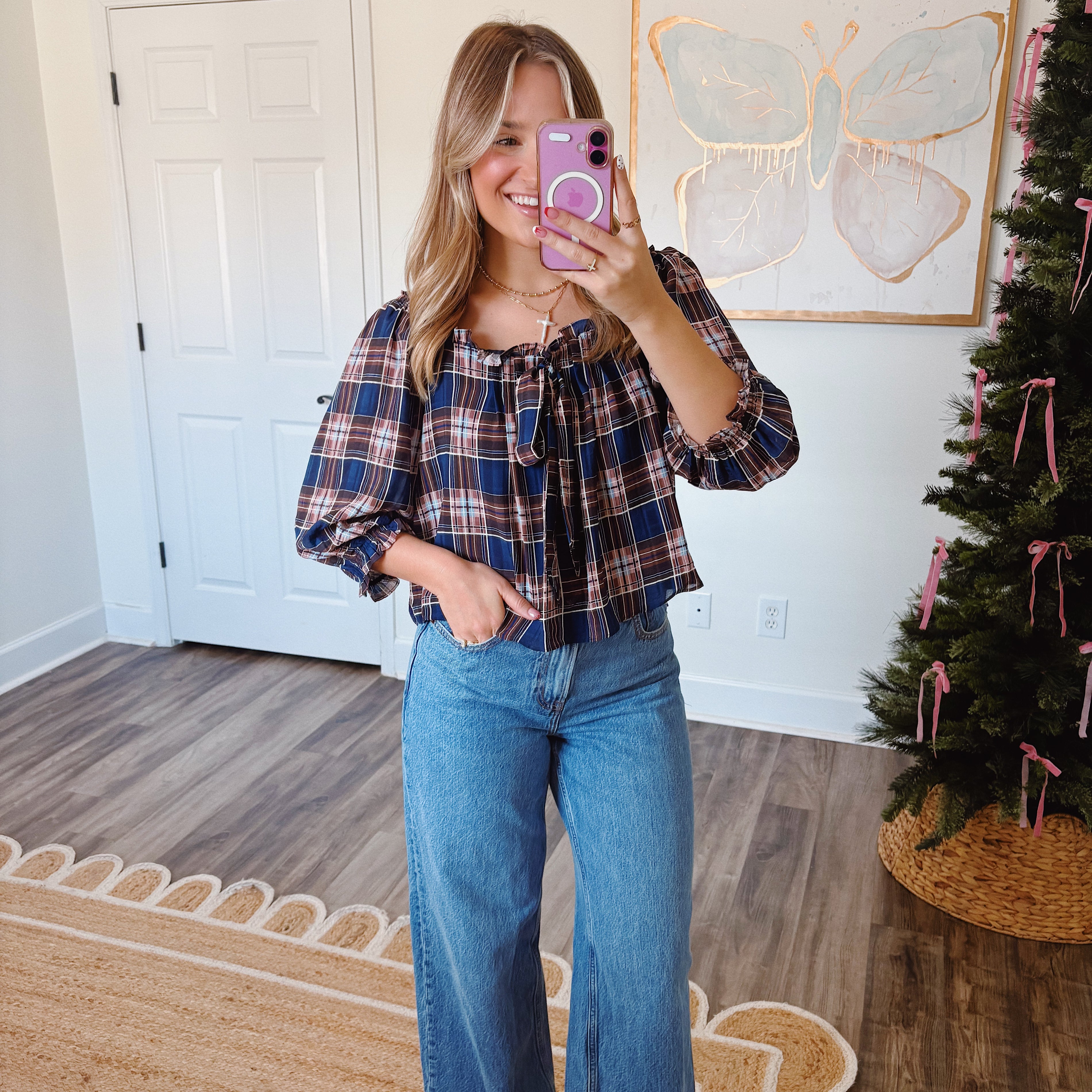 Navy and Brown Plaid Top