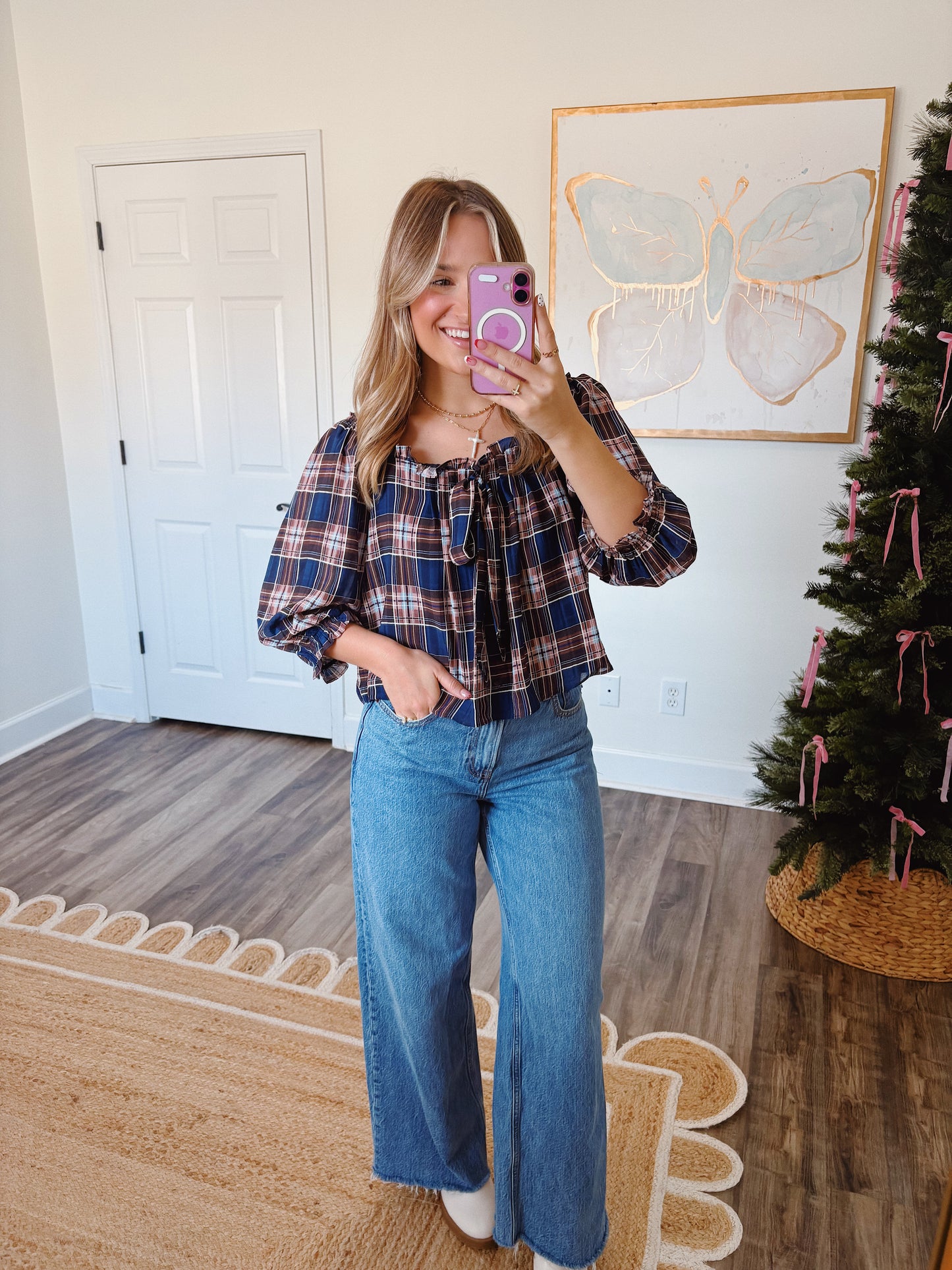 Navy and Brown Plaid Top