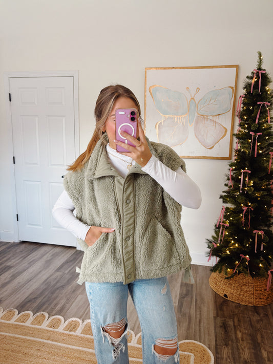 Olive Oversized Sherpa Vest