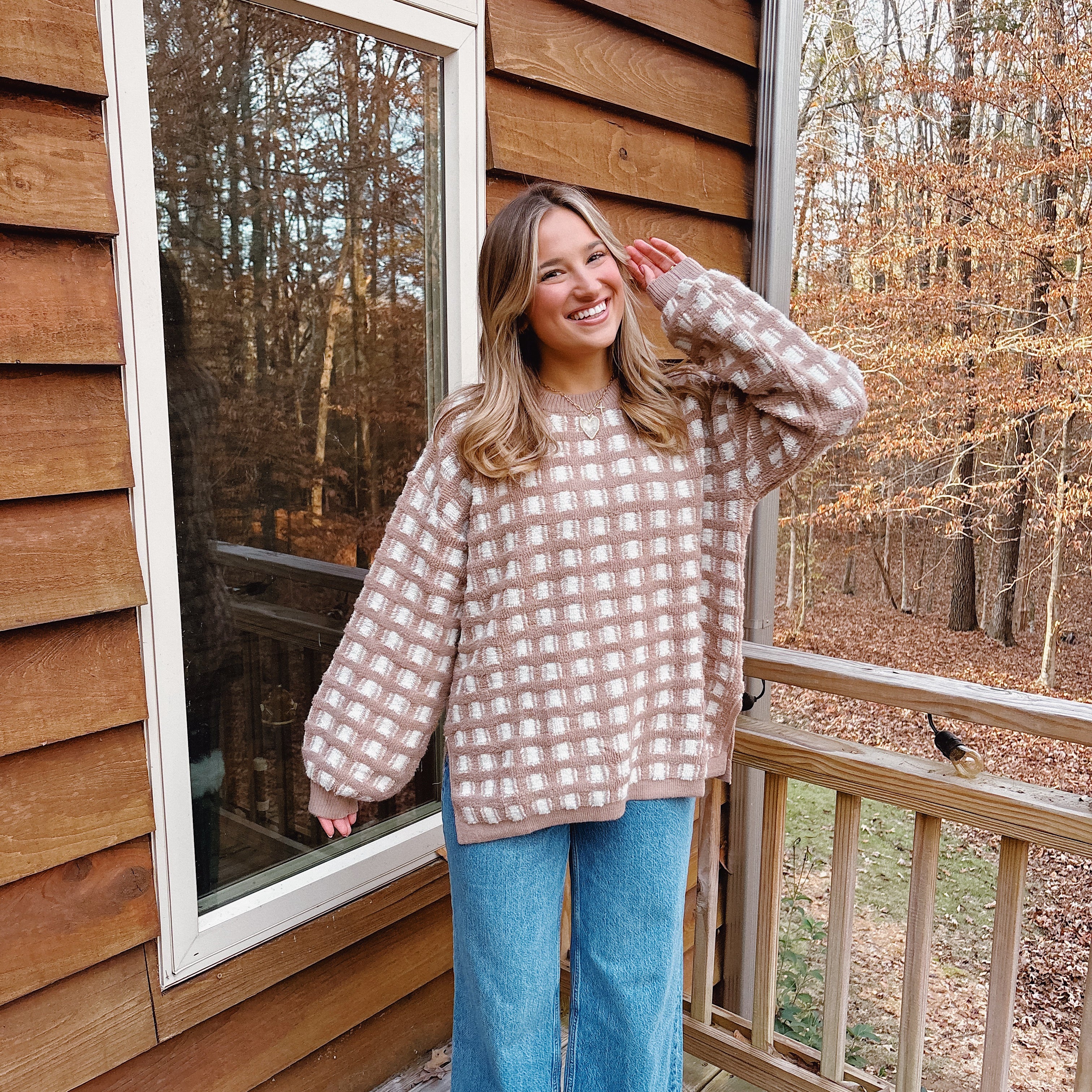 Taupe Checkered Oversized Sweater