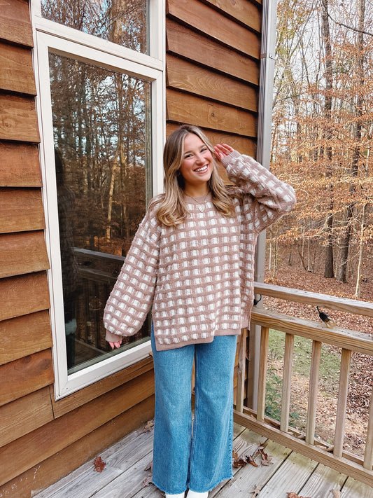 Taupe Checkered Oversized Sweater