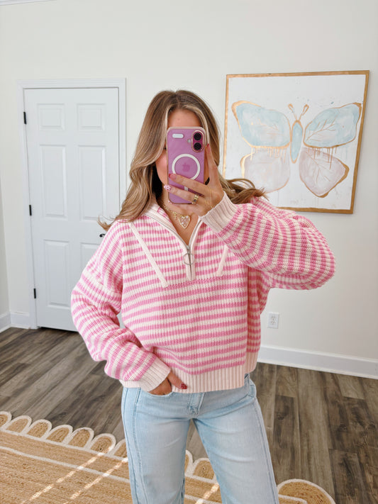 Pink Striped Half-Zip Pullover